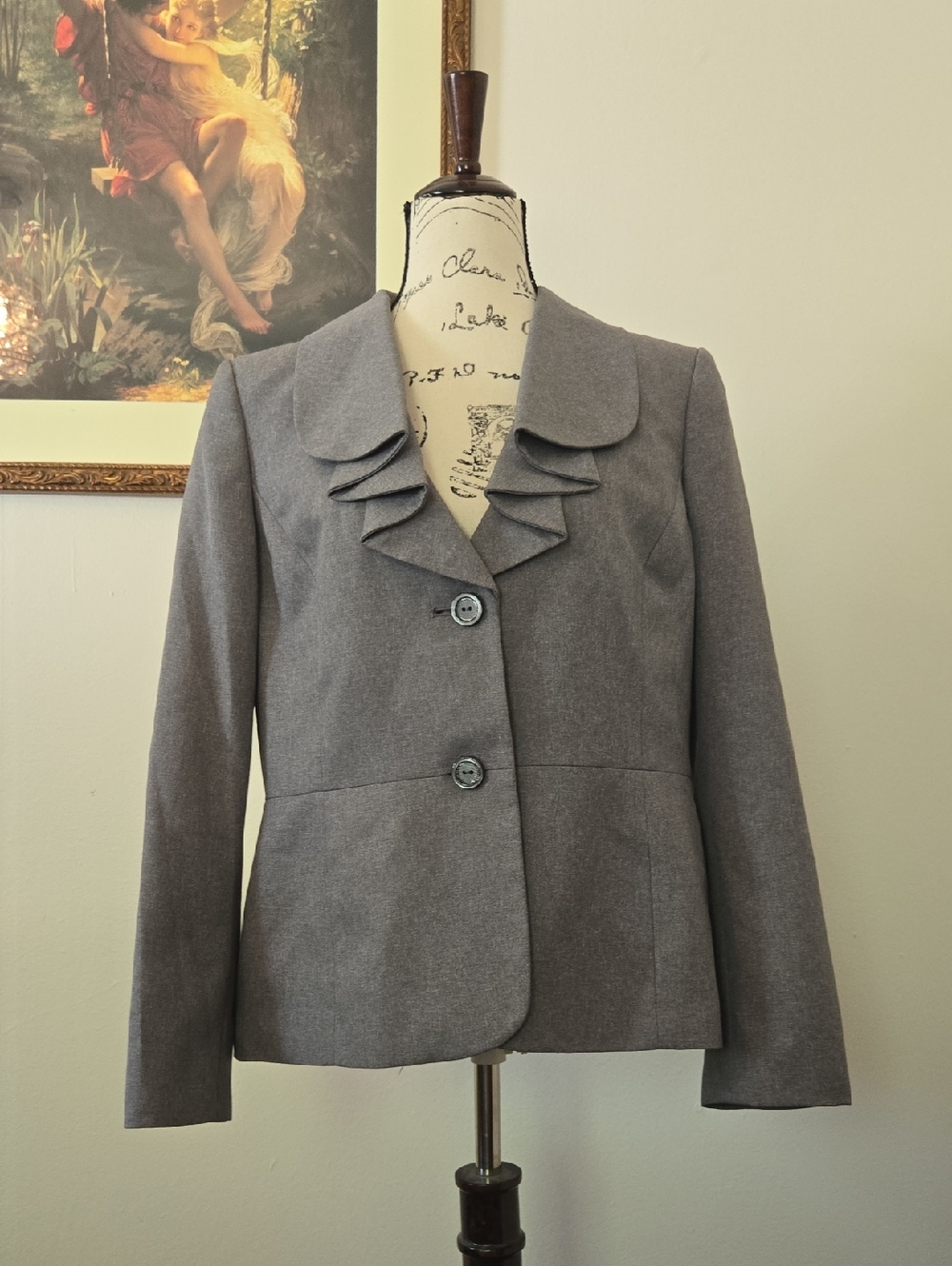 Kasper Gray Ruffle Collar Blazer Jacket